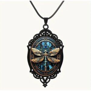 Dragonfly Pendant Necklace With Victorian Style Black Metal Frame